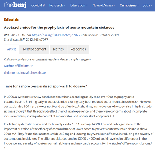 Acetazolamide for the prophylaxis of acute mountain sickness